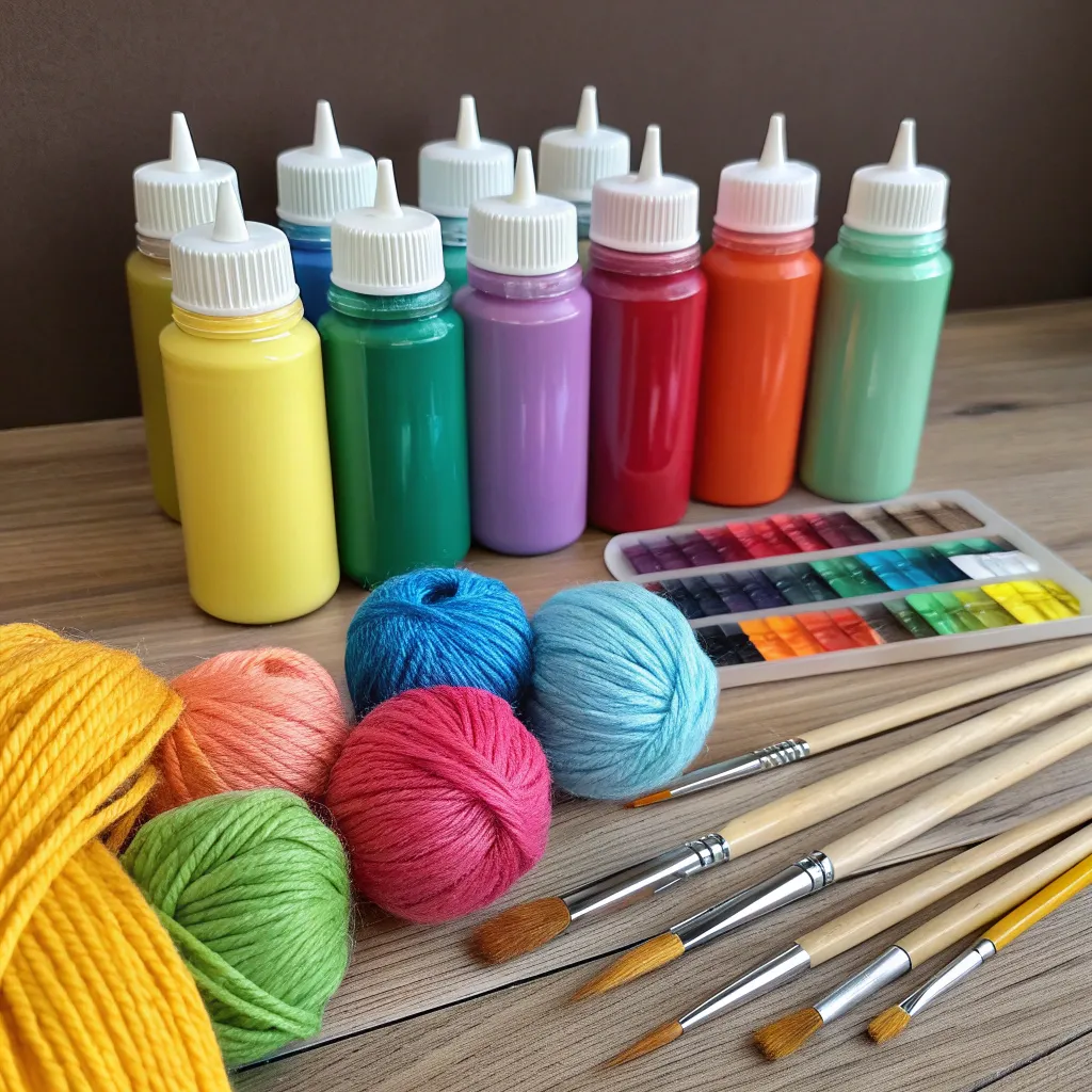 Colorful handicraft supplies including paint, yarn, and brushes